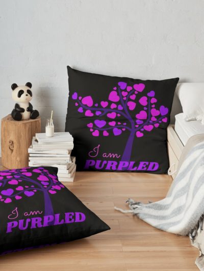 I Am Purpled Tree Of Pink And Purple Hearts On Black Background Throw Pillow Official Cow Anime Merch